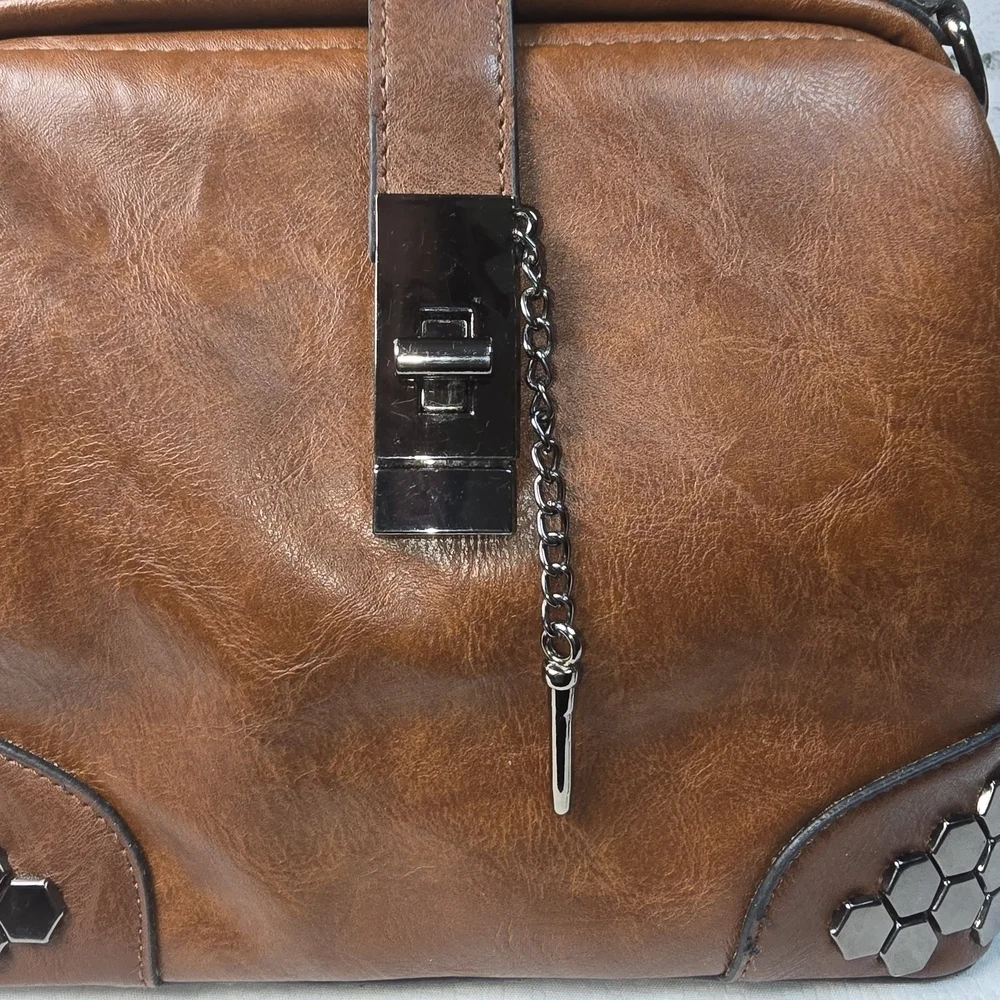 H SAMS VINTAGE BROWN SATCHEL PURSE HANDBAG LEATHER HONEYCOMB METAL DETAIL